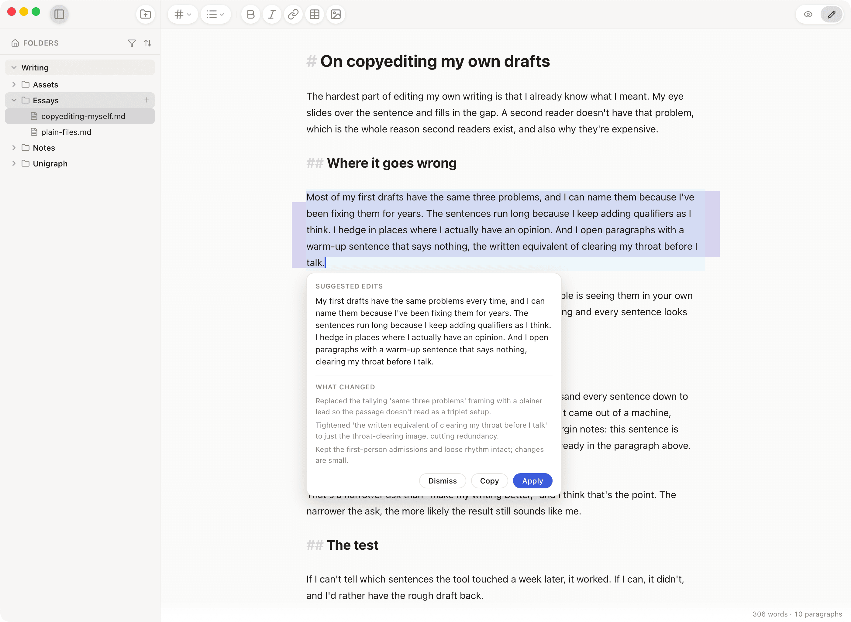 Suggestions · editing selected text