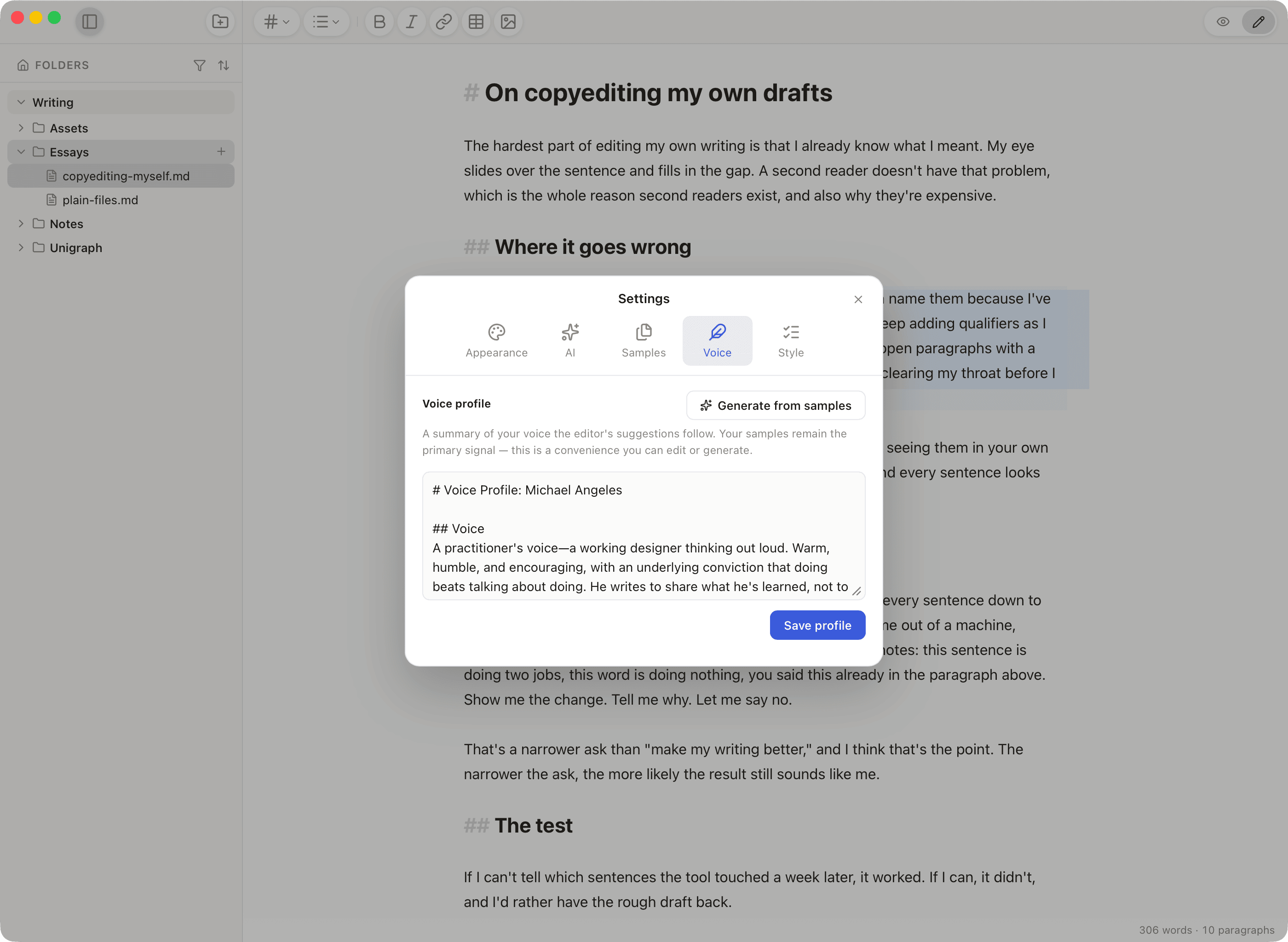 Voice · your writing profile and samples
