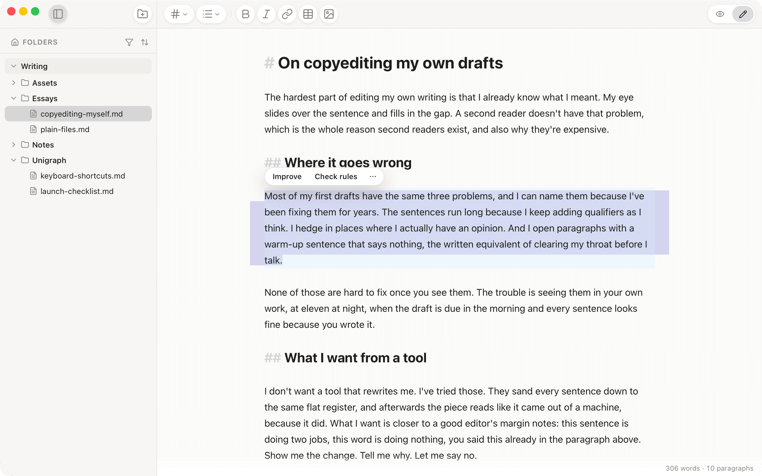 Unigraph in Edit mode: a paragraph selected, with the Improve and Check rules toolbar above it.